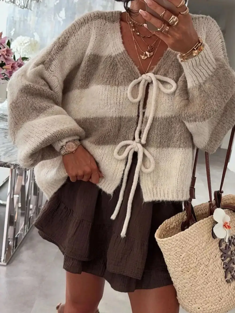 Tie-Front Knit Striped Cardigan