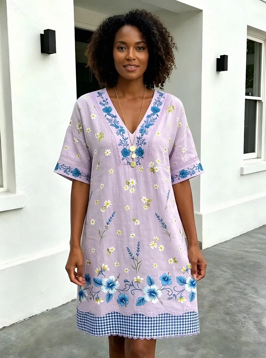 Women's Summer Vacation Lavender Floral Printed Midi Dress