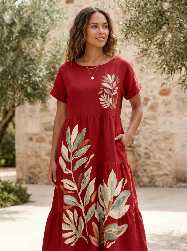 Women's Botanical Nature Lover Leaf Printed Midi Dress