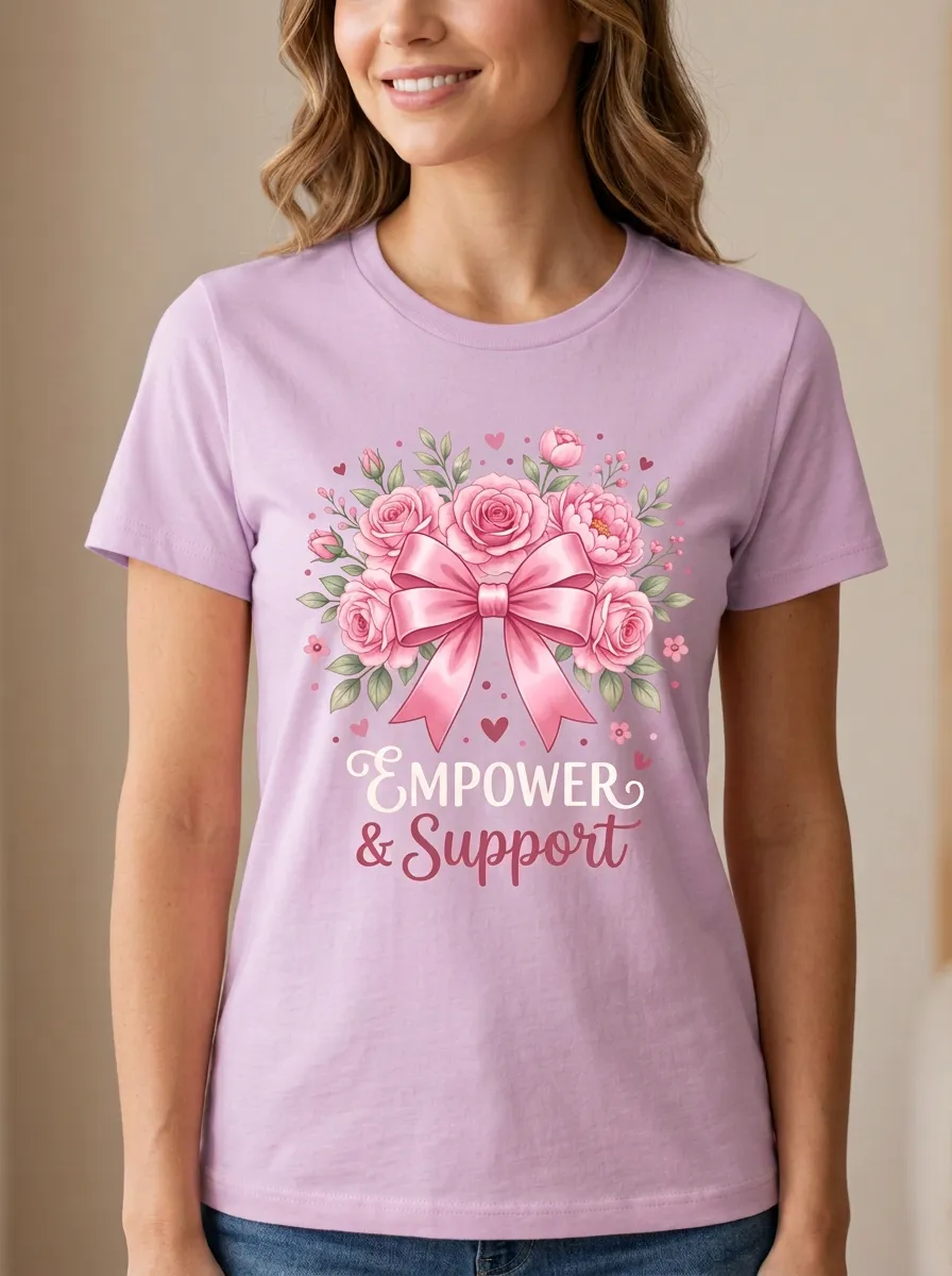 Women's Breast Cancer Awareness Floral Ribbon Empower Printed T-shirt