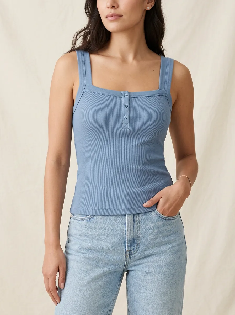 Women's Everyday Square Neck Wide Strap Ribbed Button Front Camisole Top
