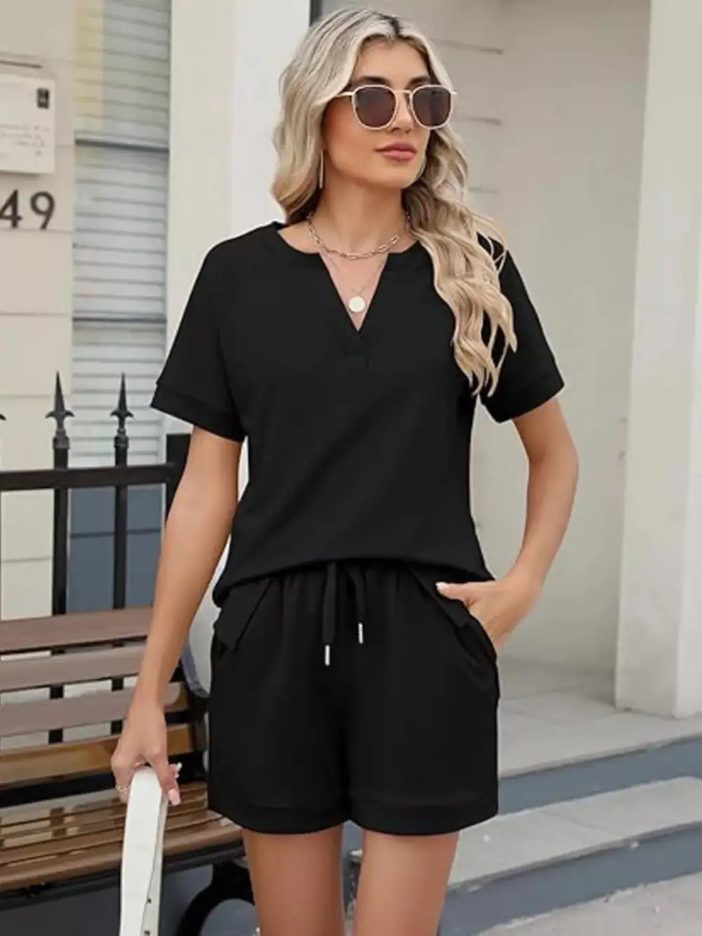 Short Sleeve Top Shorts Two Piece Set