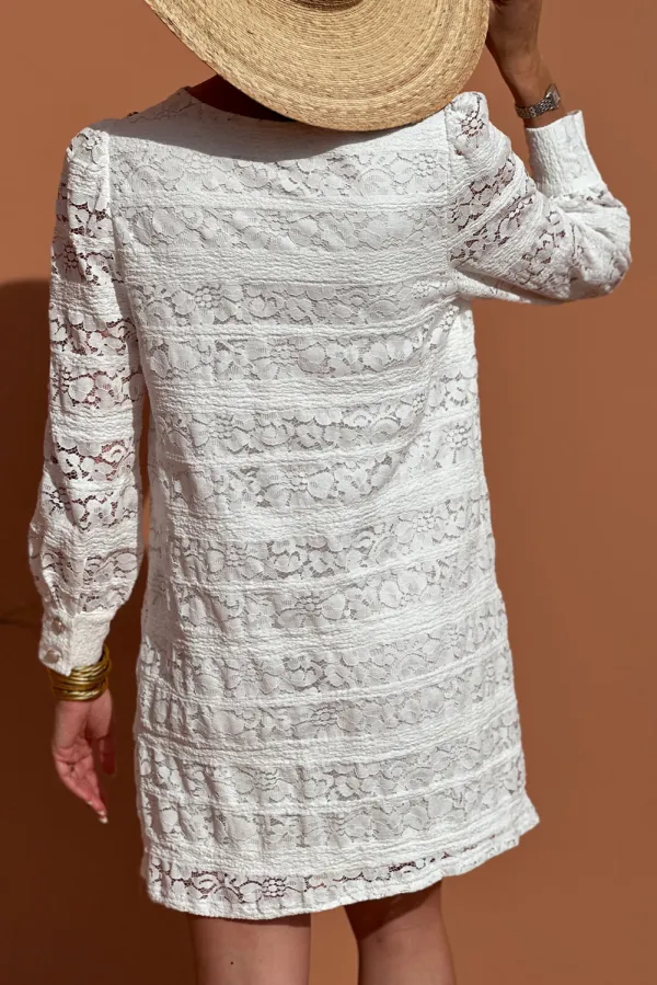 Lace Crochet Round Neck Puff Sleeve Shift Mini Dress