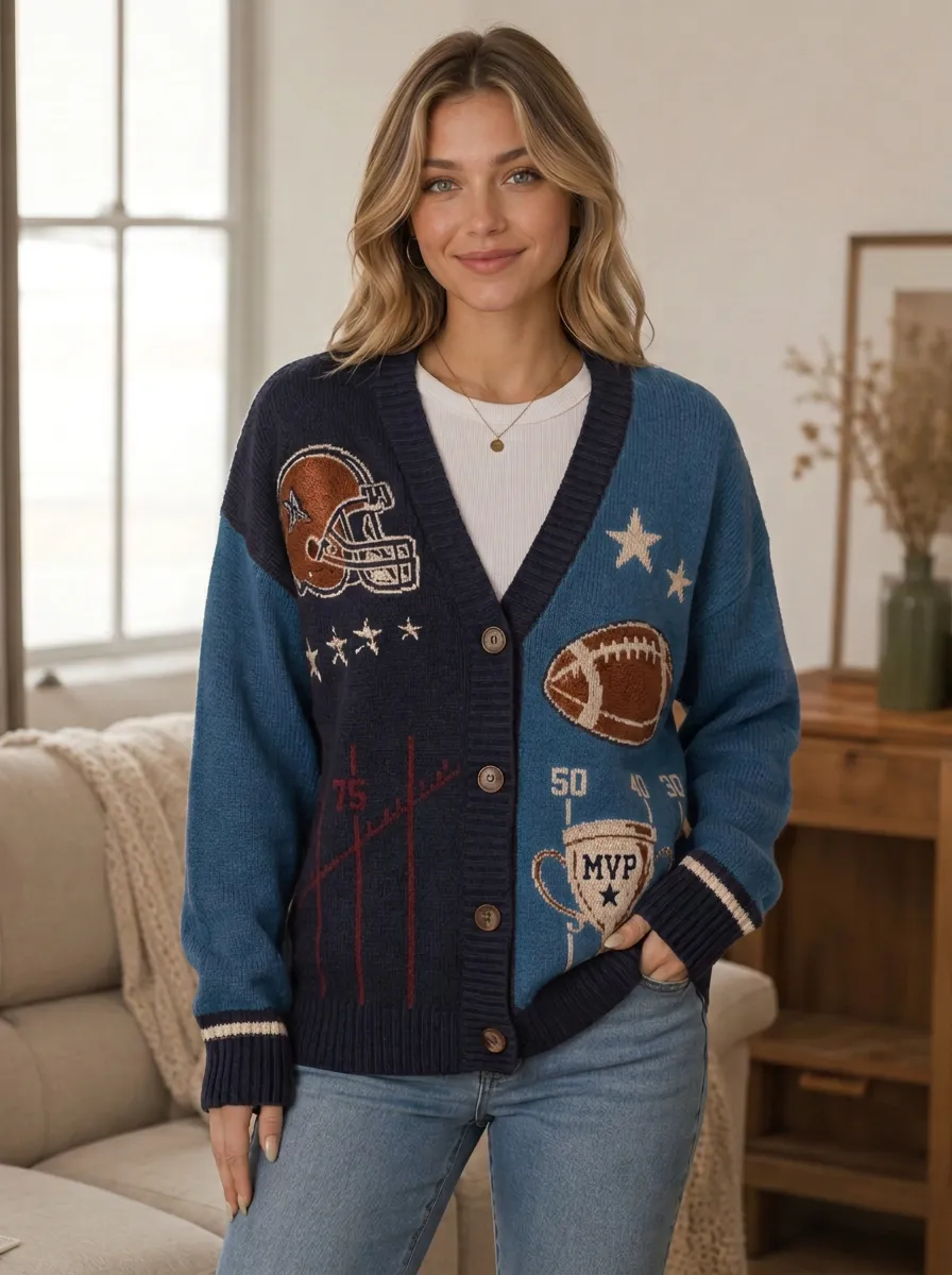 Women's Football Navy and Burgundy Colorblock Football Graphic Cardigan