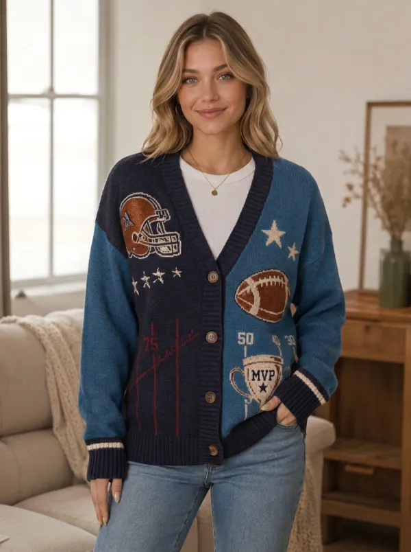 Women's Football Navy and Burgundy Colorblock Football Graphic Cardigan