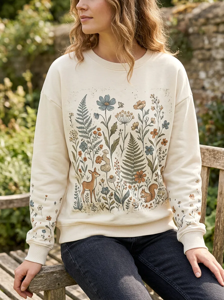 Women's Nature Lover Deer Squirrel Floral Printed Sweatshirt