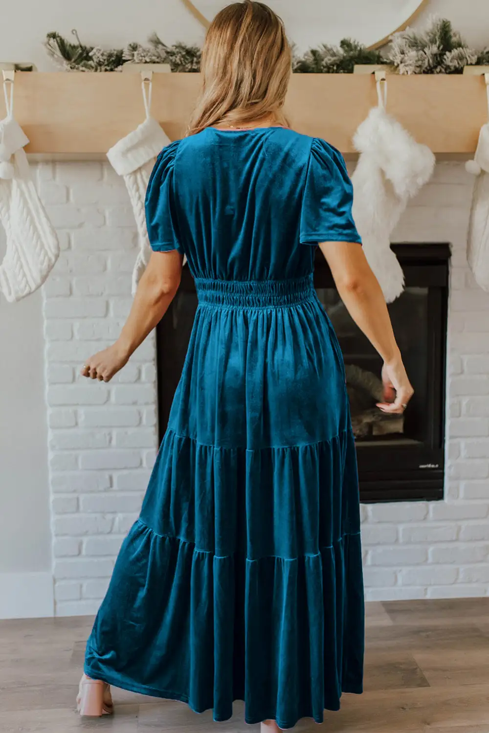 Prussian Velvet Short Sleeve Shirred Waist Tiered Maxi Dress