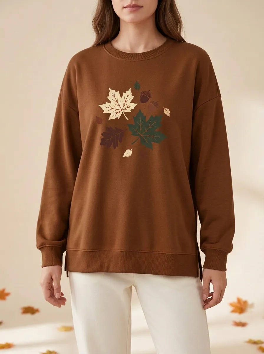 Outdoor-Inspired Maple-Leaf Printed Acorn Graphic Sweatshirt