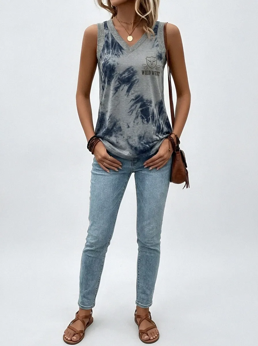 Women's Wild West Cow Skull Tie-Dye Printed Tank Top