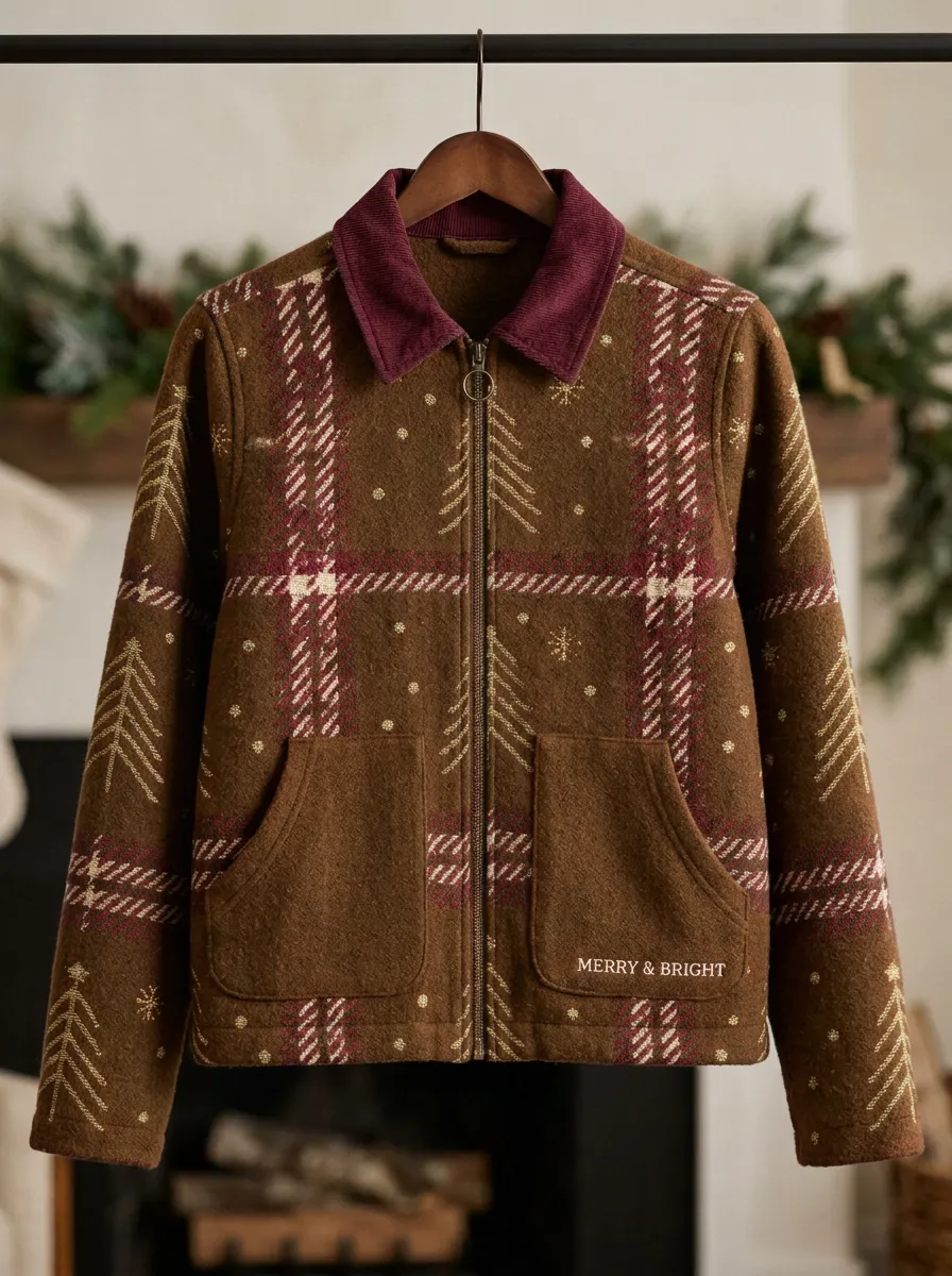 Christmas Plaid Tree Pattern Print Zip-up Jacket