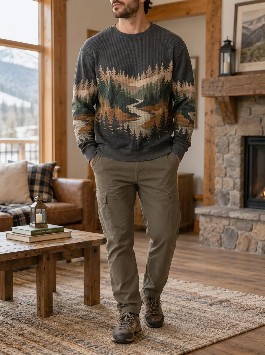 Men's Nature Forest Landscape Waffle Zip Hoodie