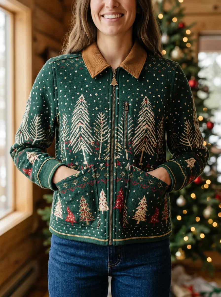 Christmas Holiday Pine Tree Pattern Print Zip-up Jacket