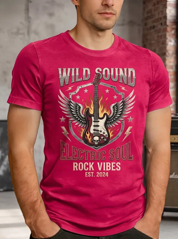 Men's Rock Music Lover Flaming Guitar Skull Printed T-shirt