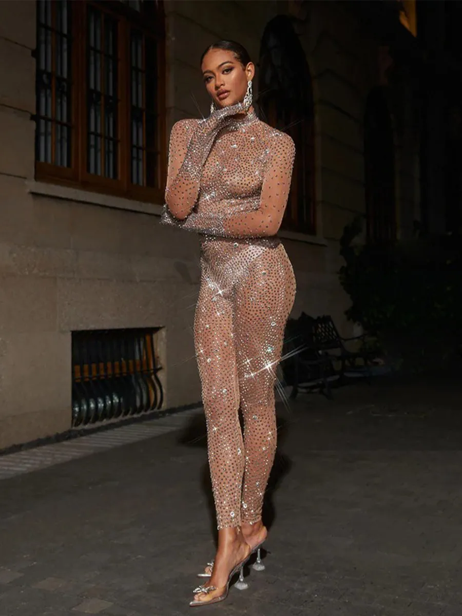 Ally Rhinestone Mesh Jumpsuit In Silver