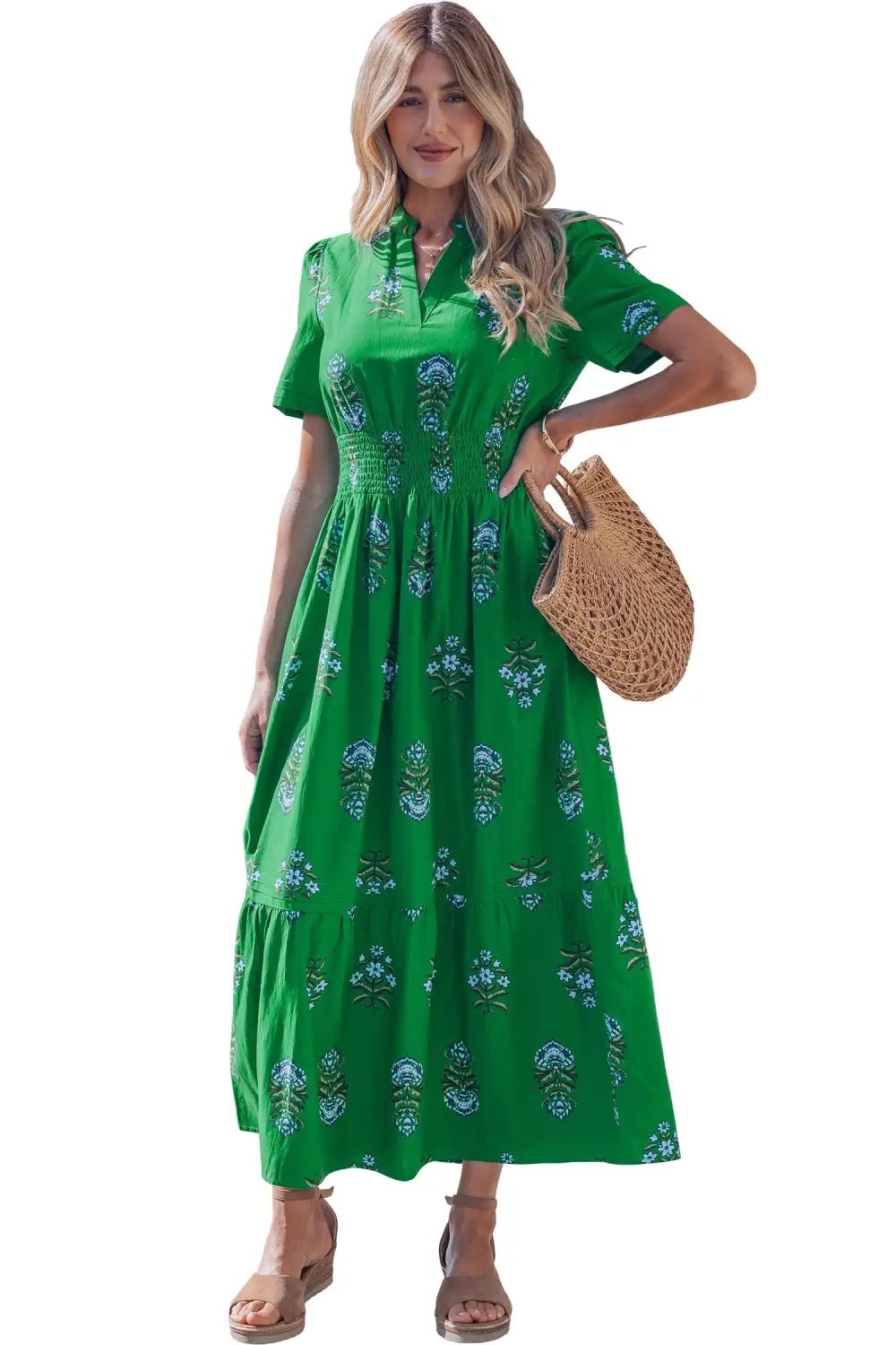 Clean Line Floral Printed Split Neck Maxi Dress