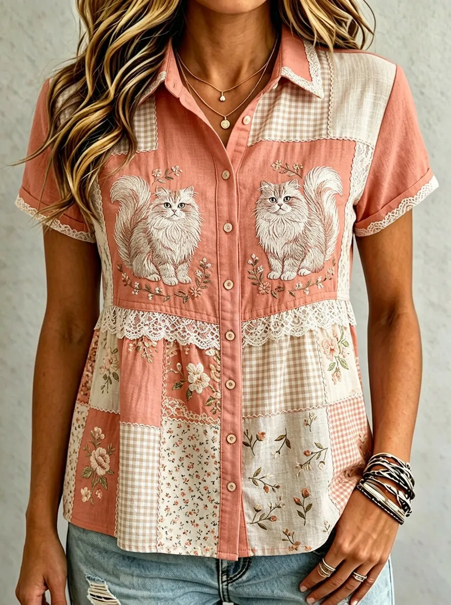 Women's Cat Lover Floral Patchwork Cotton Linen Printed Shirt