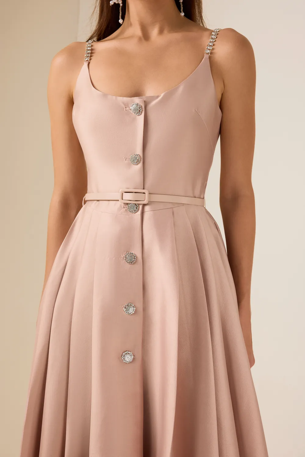Solid Rhinestone Sleeveless Midi Dress With Belt