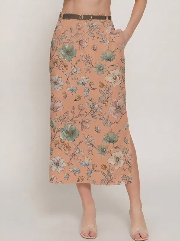 Women's Belted Botanical Floral Butterfly Printed Midi Skirt