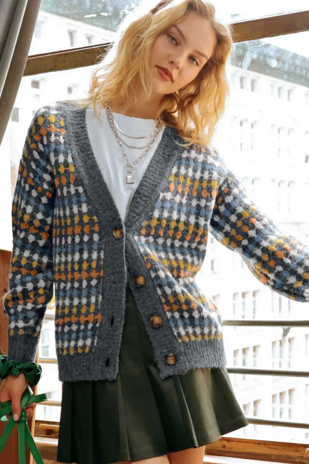 Dotty Pattern Knit Button Front V Neck Cardigan