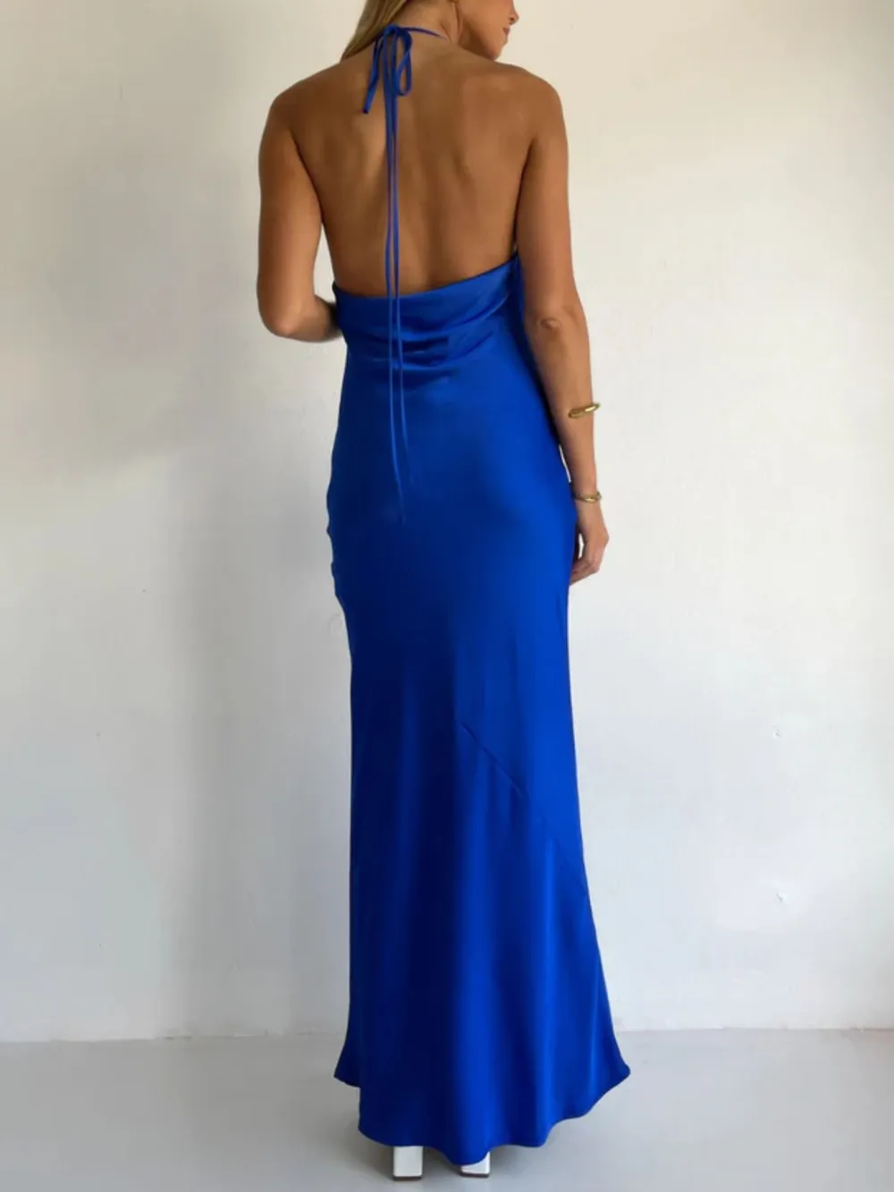 Ruched Halter Satin Maxi Dress