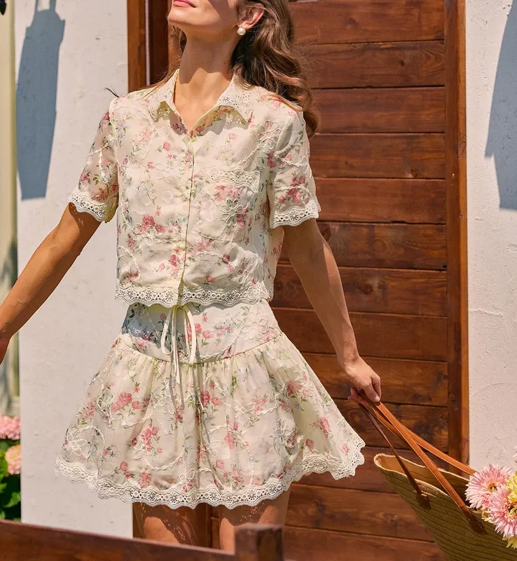 Floral Lace Tie Mini Skirt