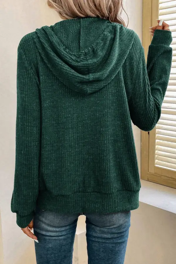 Drawstring Pocketed Ribbed Textured Hoodie