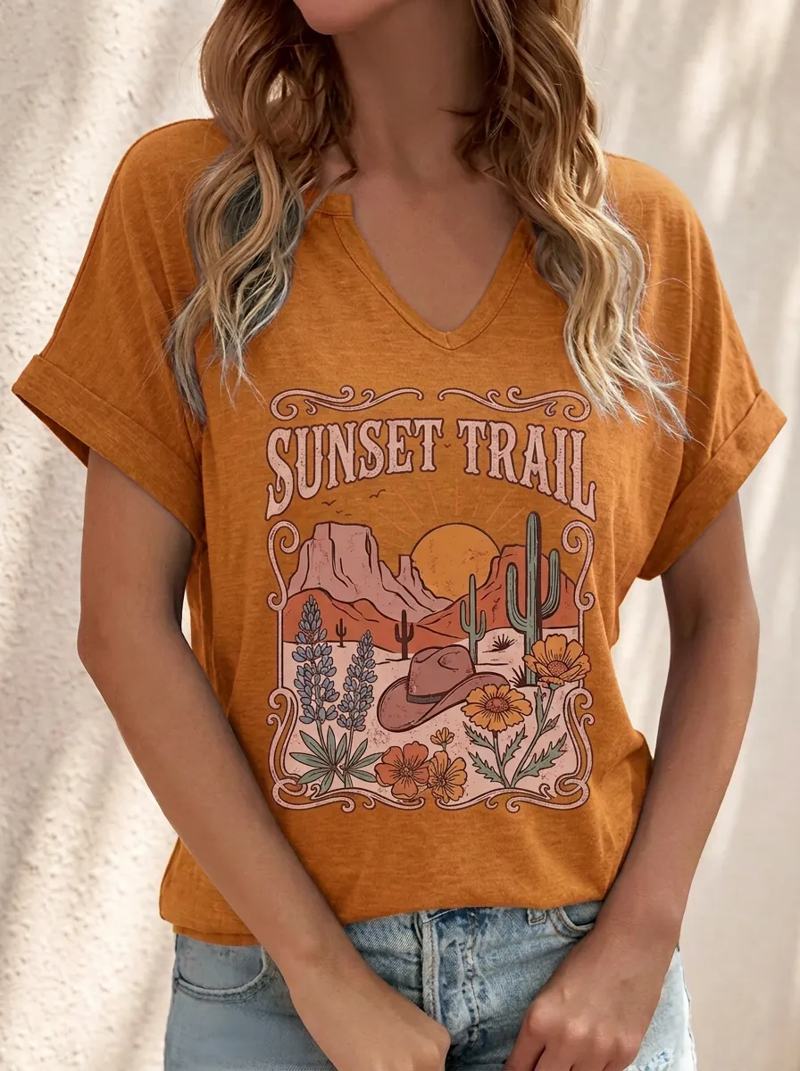 Cactus Cowboy-Hat Sunset Western V-Neck T-Shirt