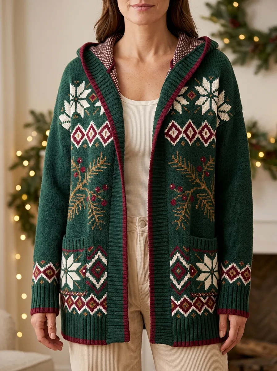 Christmas Snowflake Pine Branch Pattern Print Hooded Cardigan