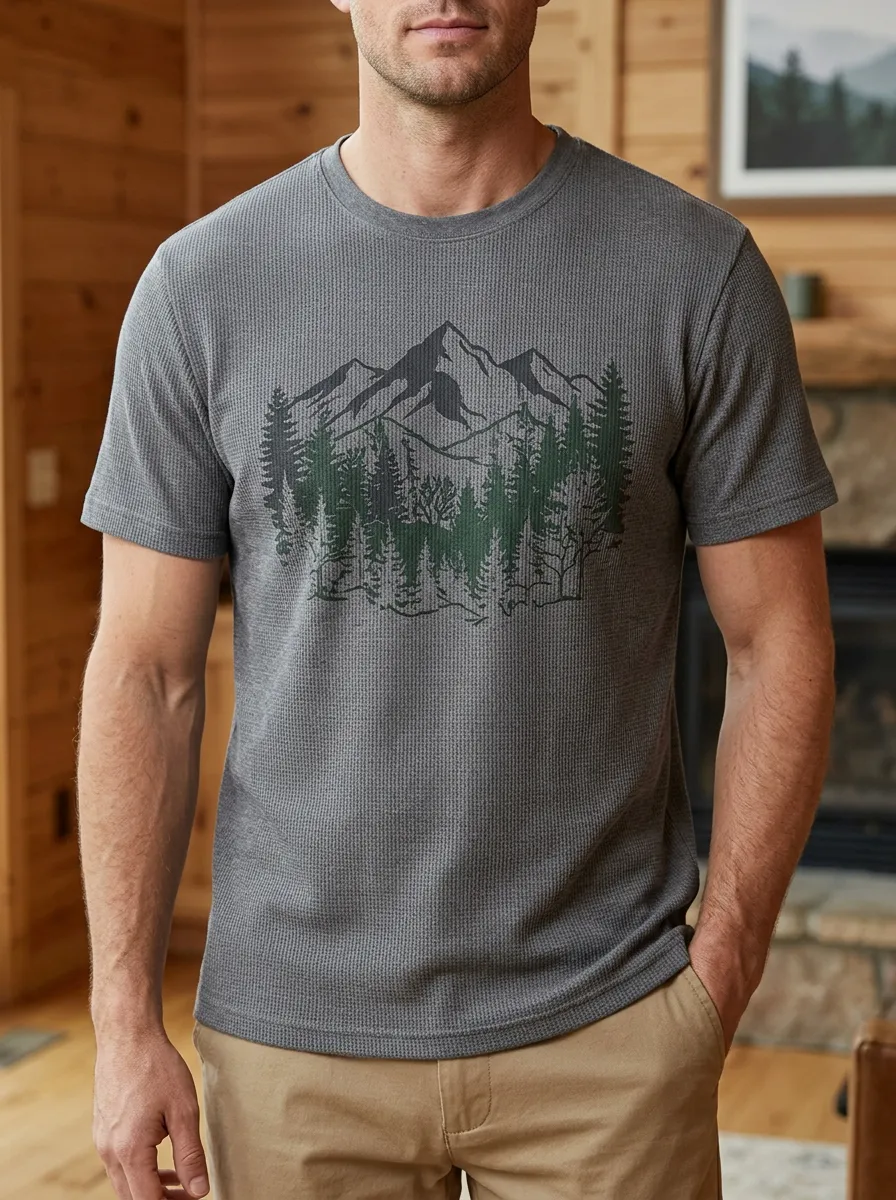 Men's Outdoor Nature Lover Mountain Forest Waffle Heritage Crew Neck T-Shirt
