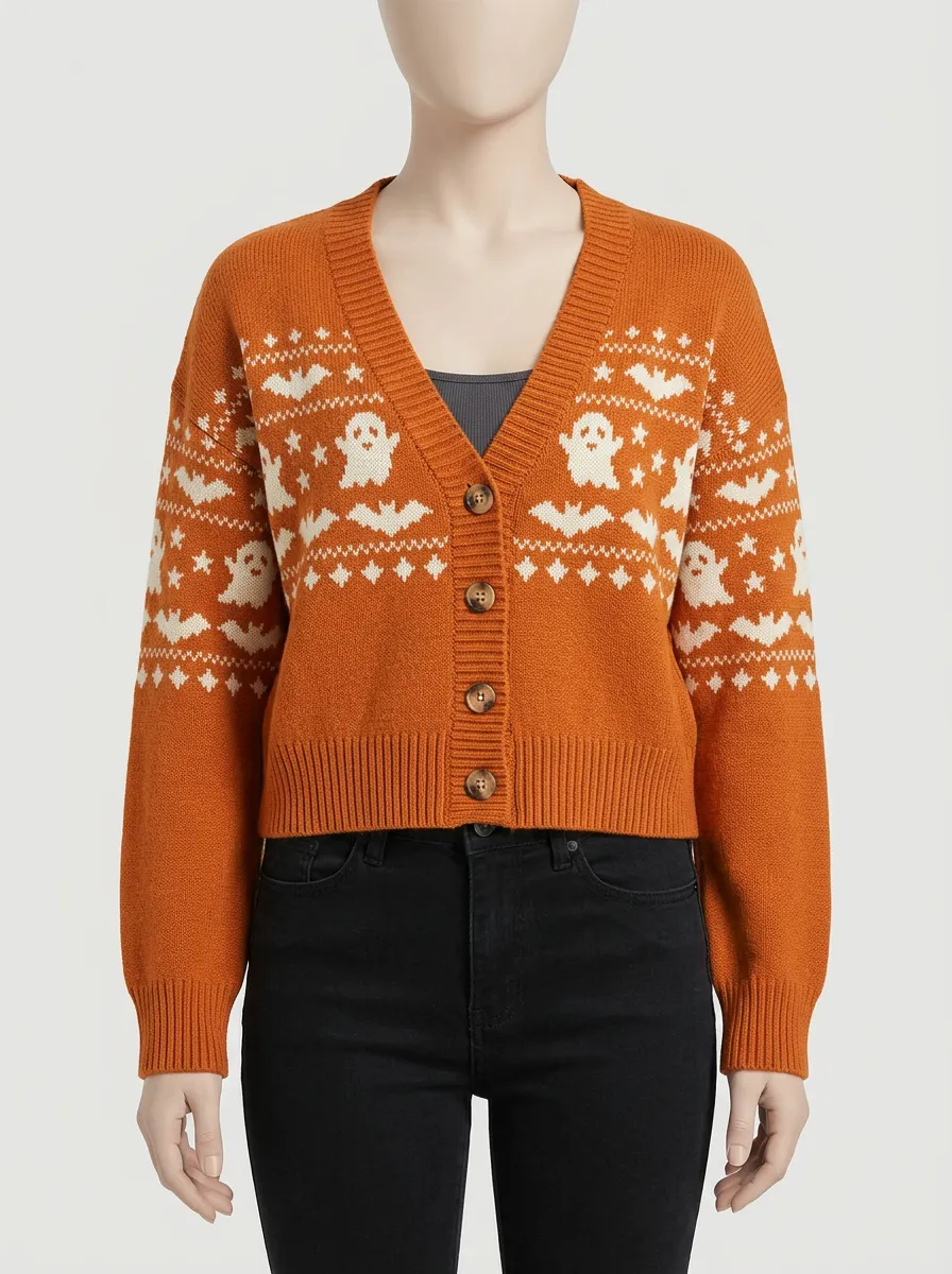 Women's Halloween Ghost Bat Pattern Knitted Cardigan