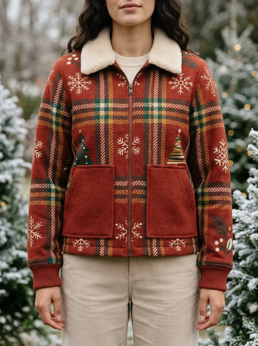Christmas Plaid Snowflake Tree Print Sherpa Collar Jacket
