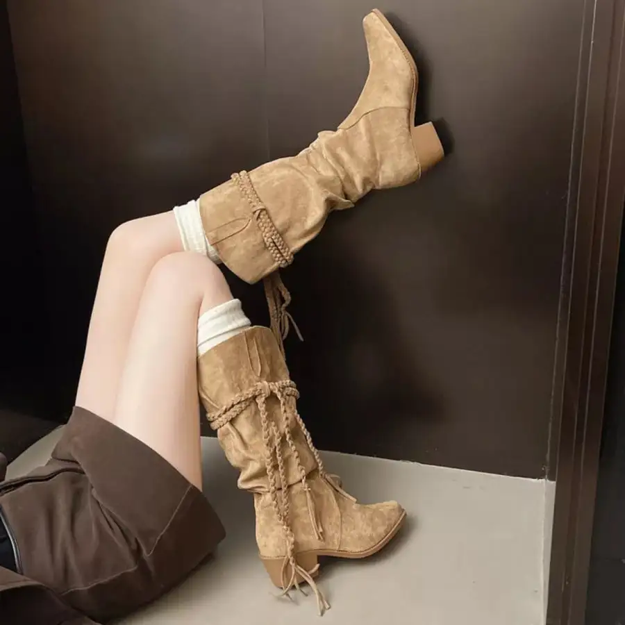 Ruffled Point Toe Block Heels Boots