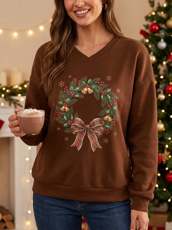 Christmas Holiday Wreath Plaid Bow Print Sweatshirt