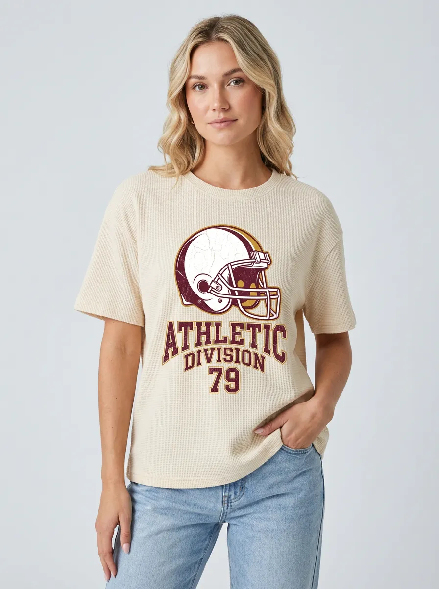 Women's Varsity Inspired Helmet Football Ball Crew Neck Graphic T-Shirt
