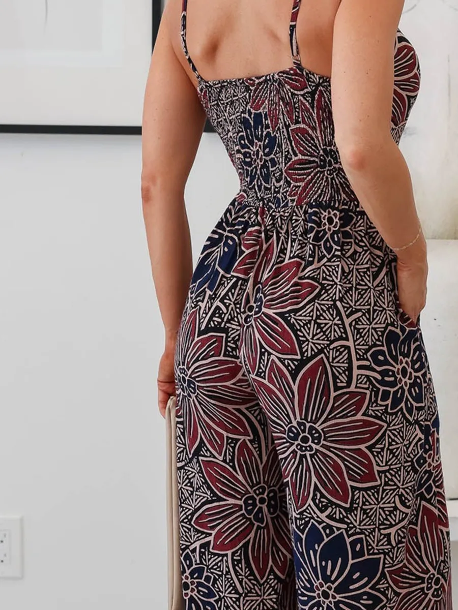 V-neck Floral Pleated Wide Leg Jumpsuit