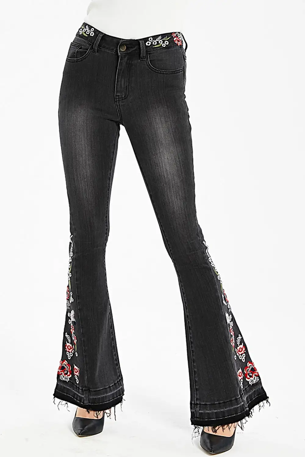 Raw Hem Flower Embroidery Denim Jeans