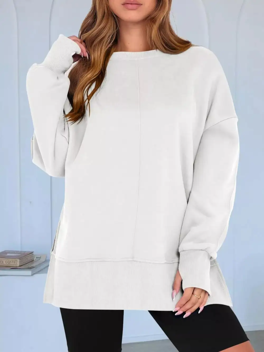 Side Slit Round Neck Long Sleeve Sweatshirt
