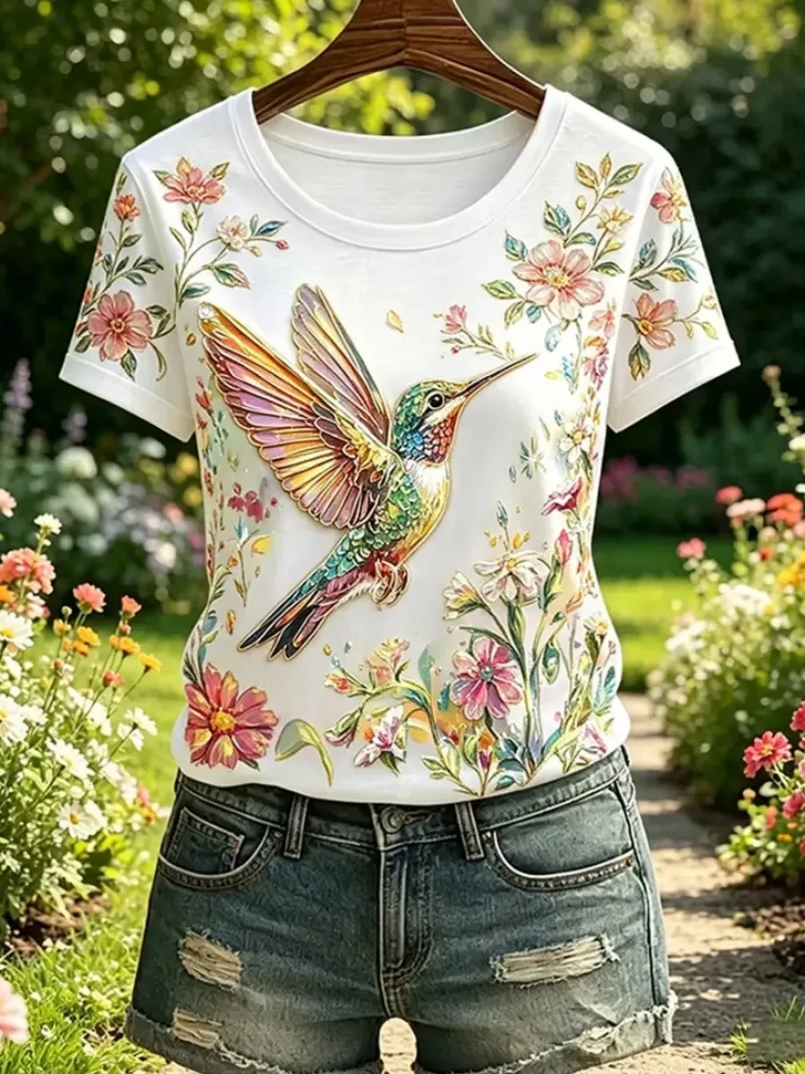Women's Floral Hummingbird Print Casual T-Shirt