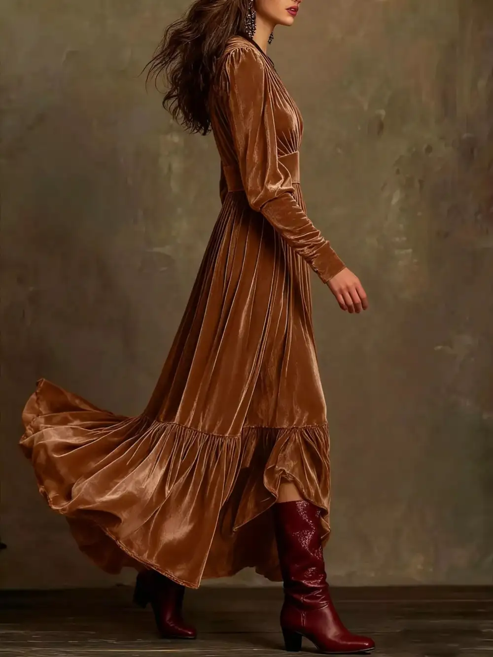Elegant Velvet V Neck Long Sleeve Maxi Dress