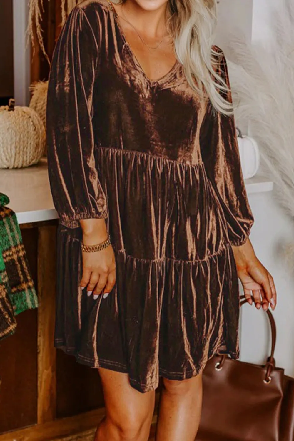 Chicory Solid Color Velvet V Neck Long Sleeve Tiered Mini Dress