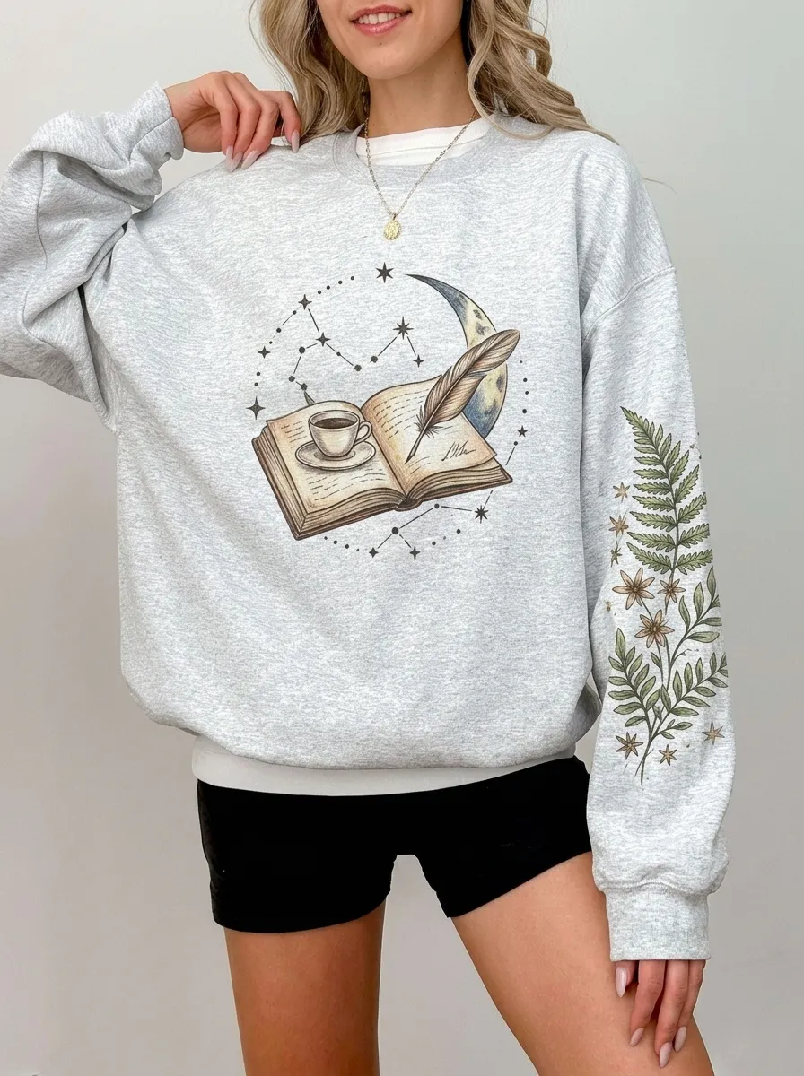 Women's Book Lover Coffee Moon Quill Fern Printed Sweatshirt