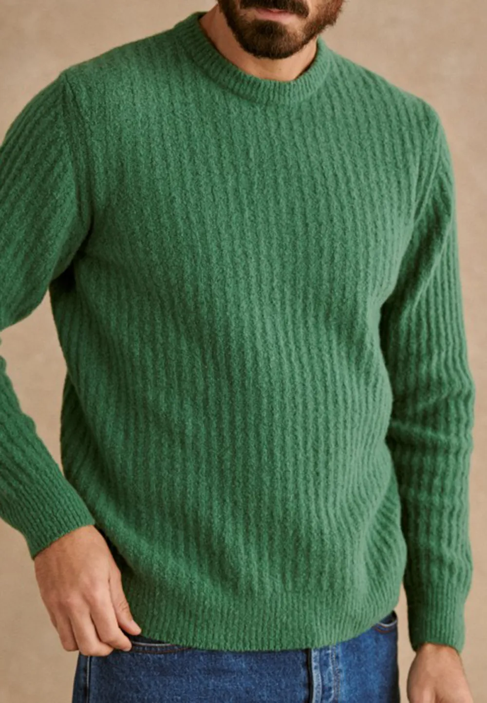 Green Textured Knit Crew Neck Sweater