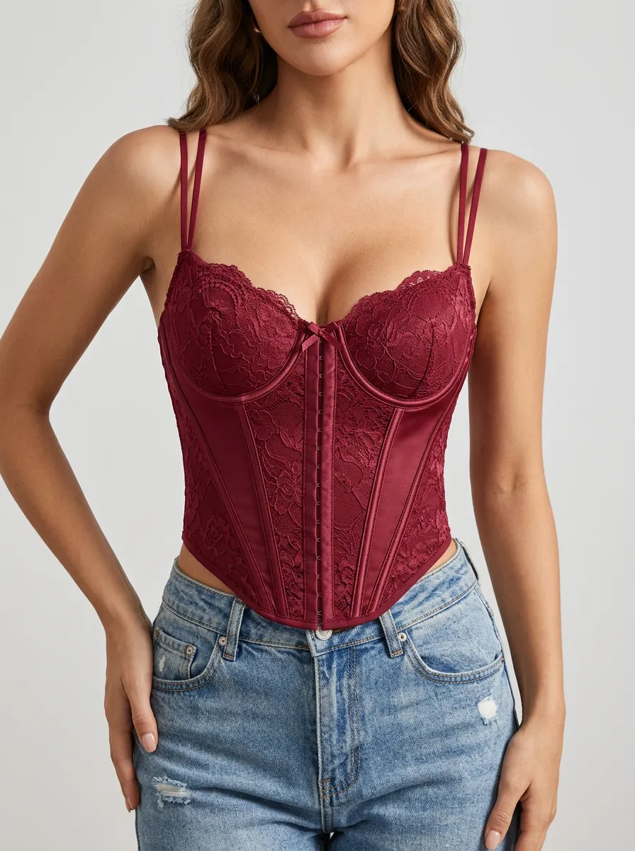 Floral-Lace Hook-and-Eye Boned Women's Corset Top