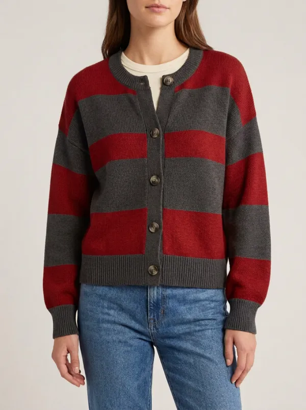 Classic Striped Distinctive Rugby Striped Knit Cardigan