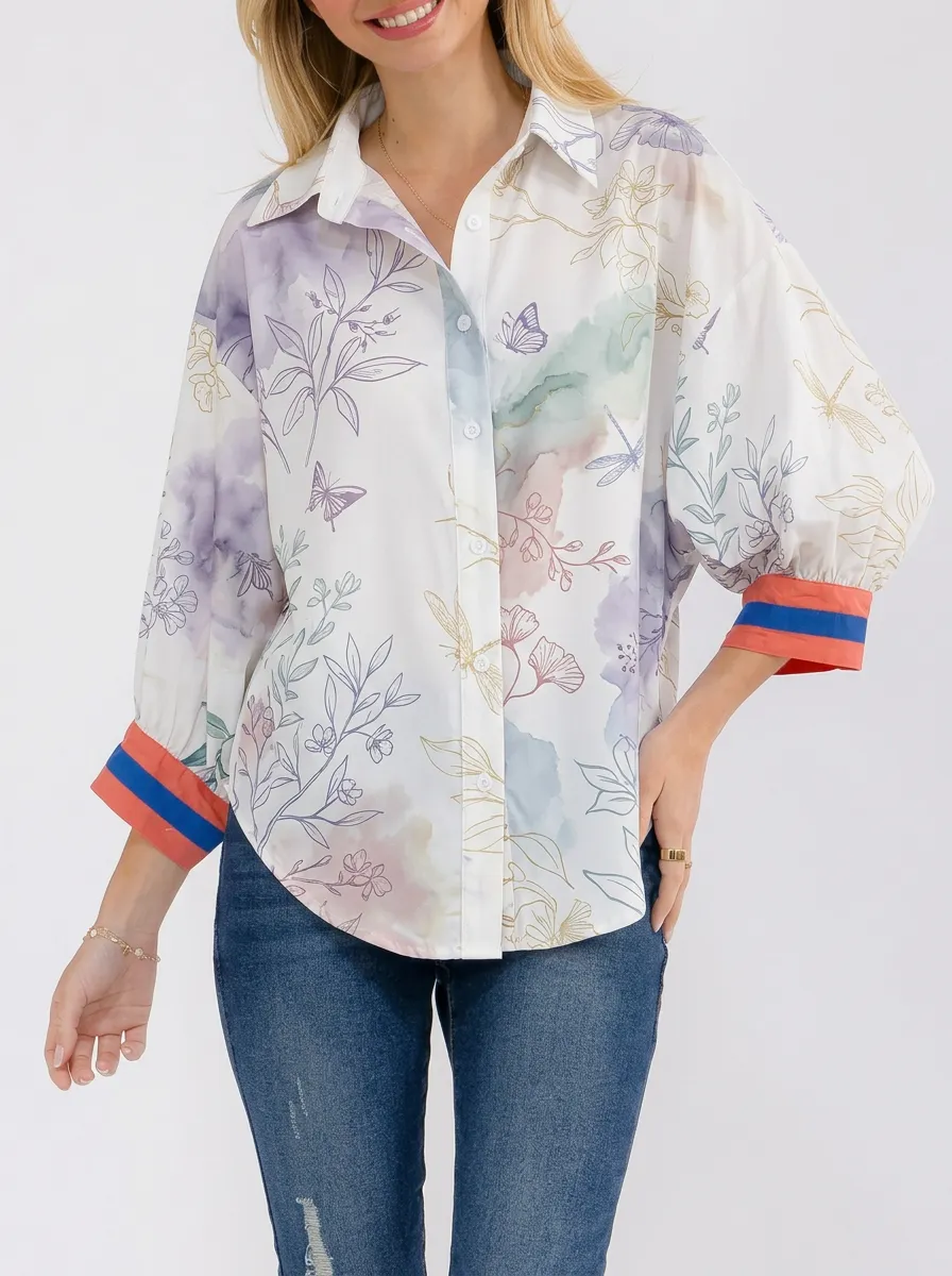 Women's Botanical Butterfly Watercolor Printed Button-up Shirt