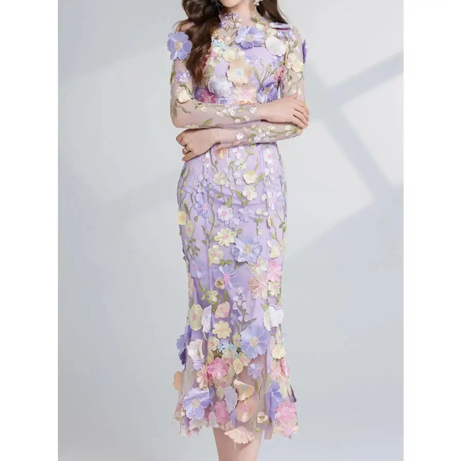 Embroidered Mesh Long Sleeve Midi Dress