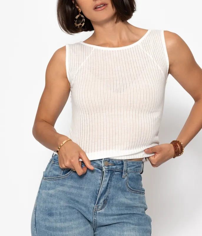 Off White Ribbed Sheer Light Top