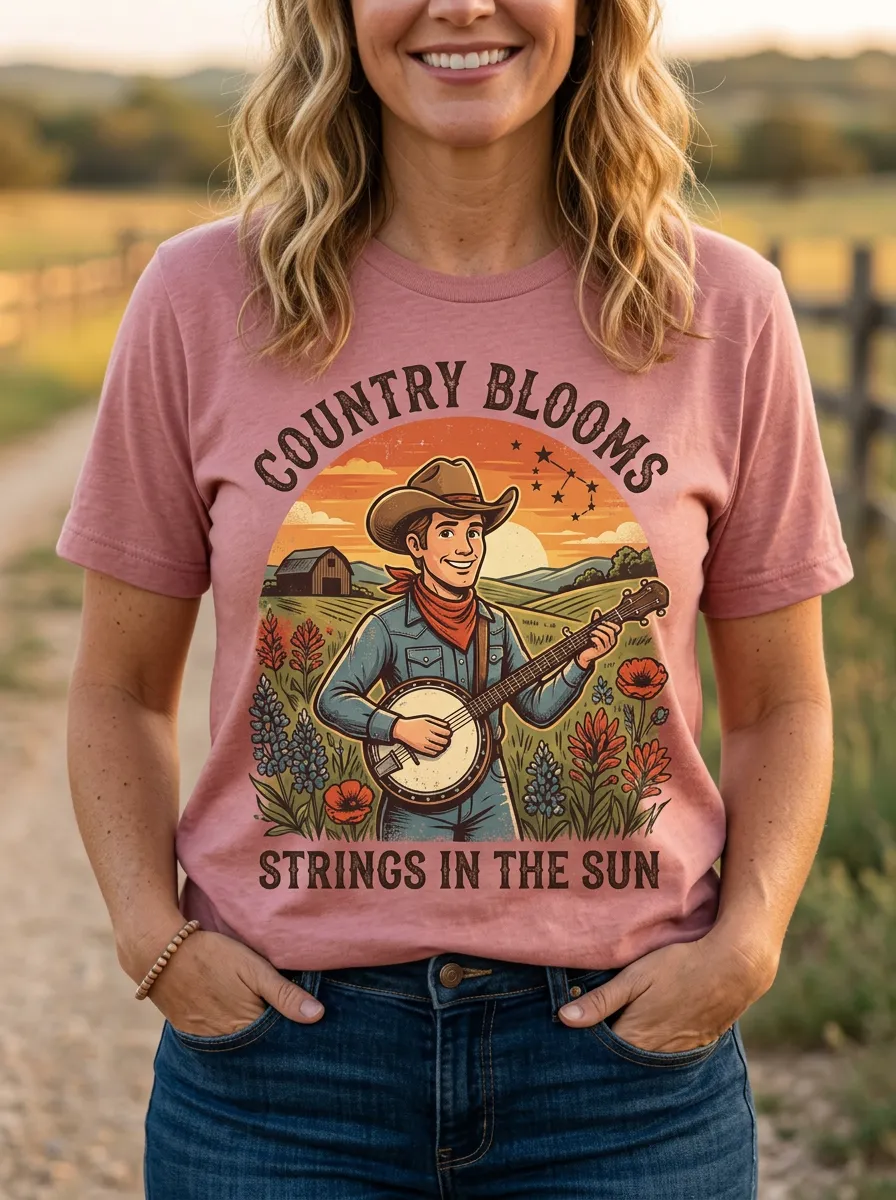 Banjo Cowboy Floral Country Music Crewneck T-Shirt