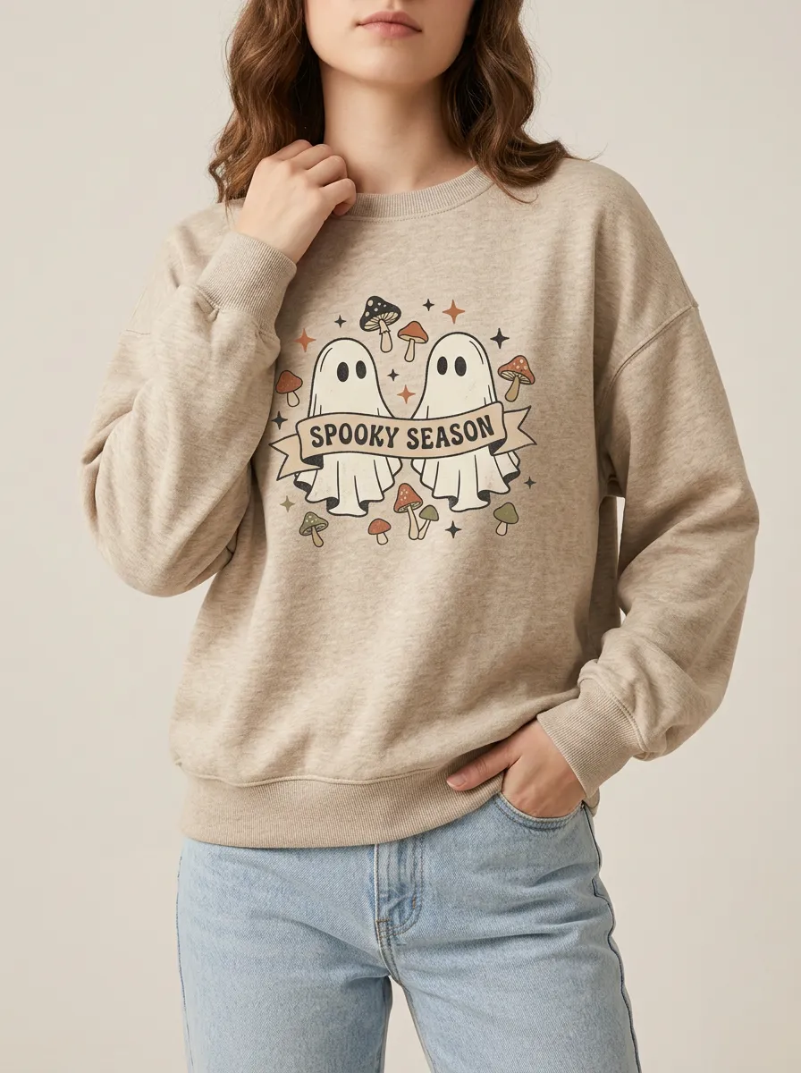 Women's Halloween Spooky Season Ghost Mushroom Printed Sweatshirt
