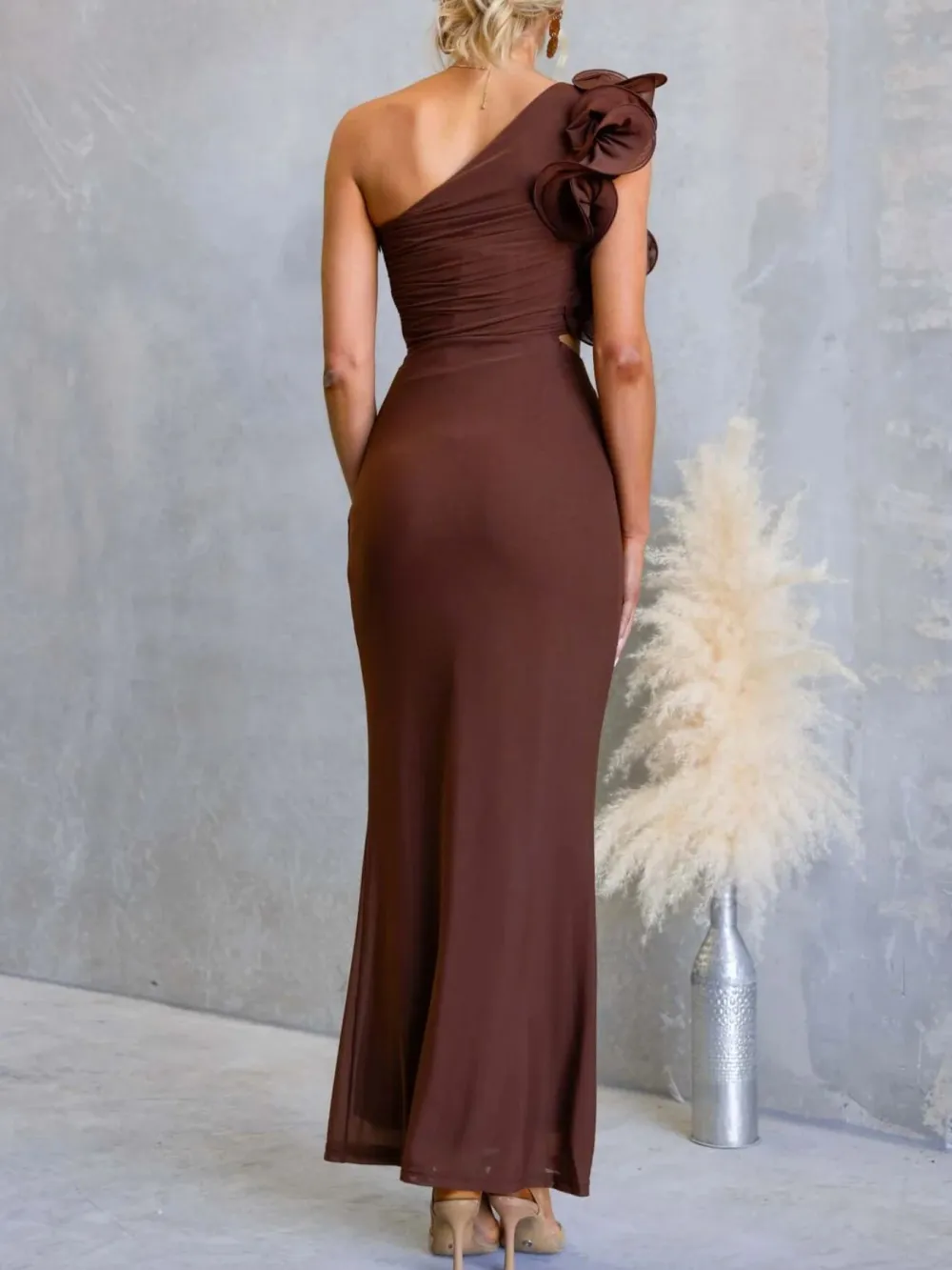 Ruched One-Shoulder Sleeveless Floral Maxi Dress